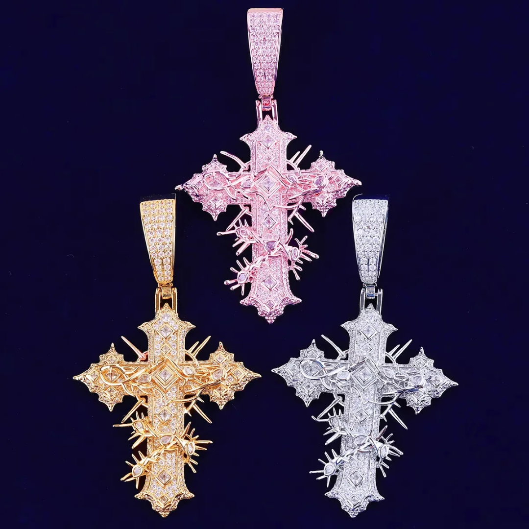 1137 |O| Brass Iced Out CZ Thorn Cross Pendant | Rose Gold-Plated, Gold-Plated or Silver-Plated