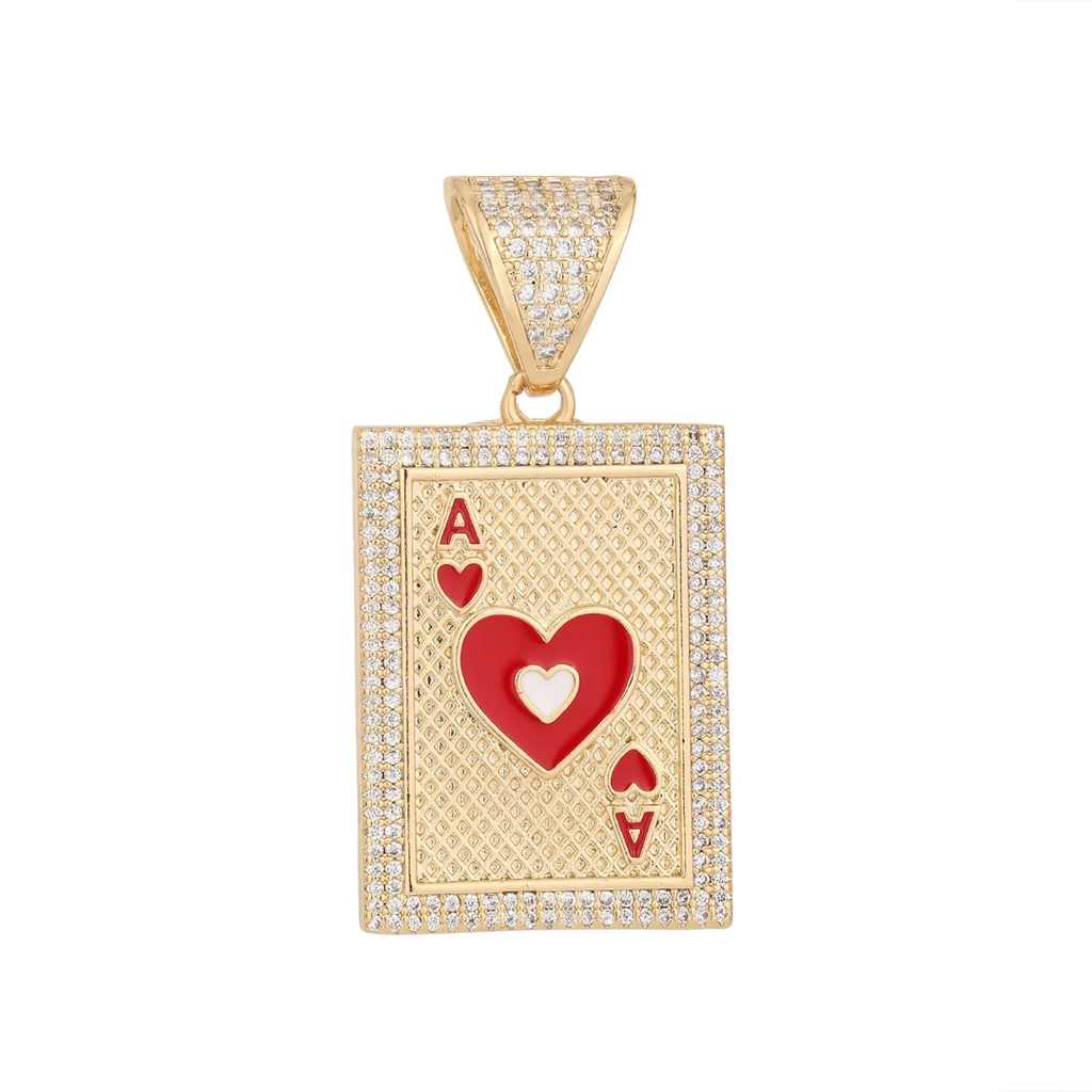 1141 |O| Brass Iced Out Ace of Hearts Card Pendant | Gold-Plated