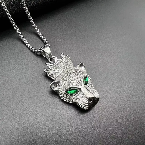 1027 Iced Crowned Leopard Head Pendant – Silver Plated Stainless Steel