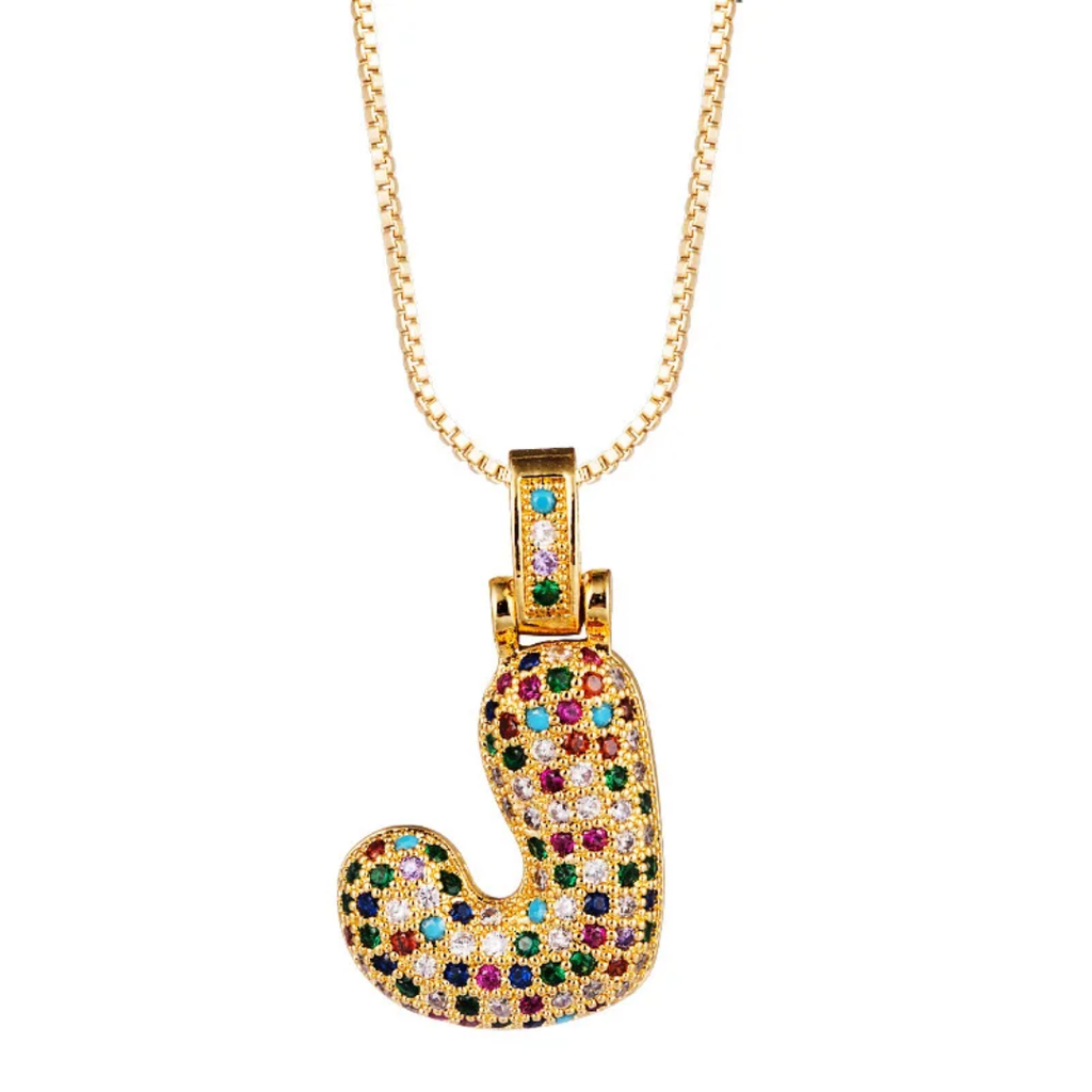 1151 |O| Copper Iced Out Multicolor CZ Bubble Initial Letter J Pendant | 18K Gold-Plated