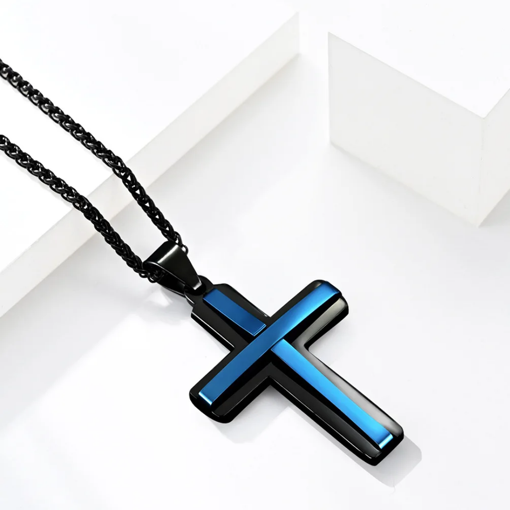 1077 Double-Layer Cross Pendant – Black & Blue Stainless Steel