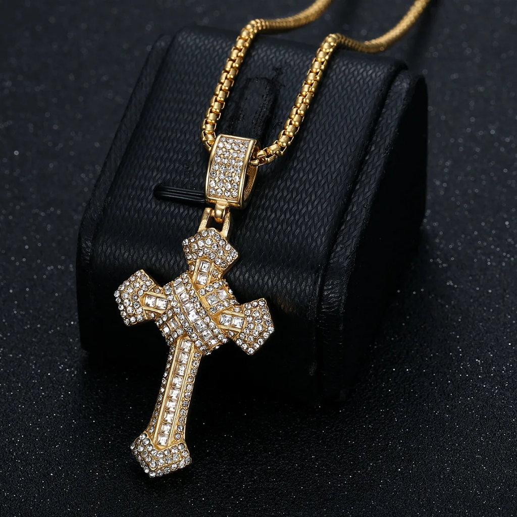 1090 Iced Cross Pendant – Gold-Plated Stainless Steel, Rhinestones