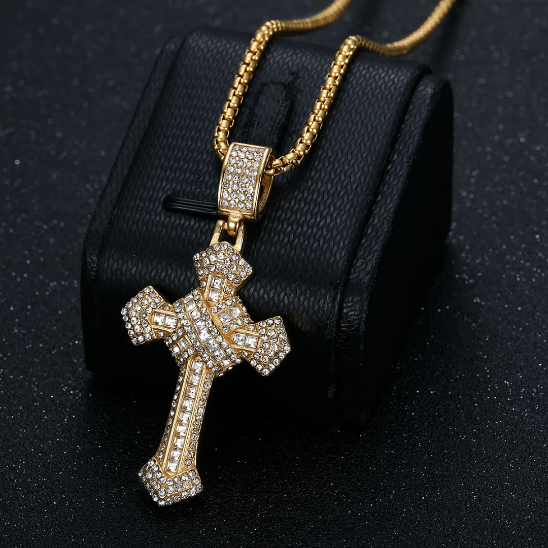 1090 Iced Cross Pendant – Gold-Plated Stainless Steel, Rhinestones