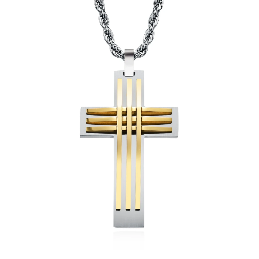 1053 Stainless Steel Curved Cross Pendant – Steel & Gold