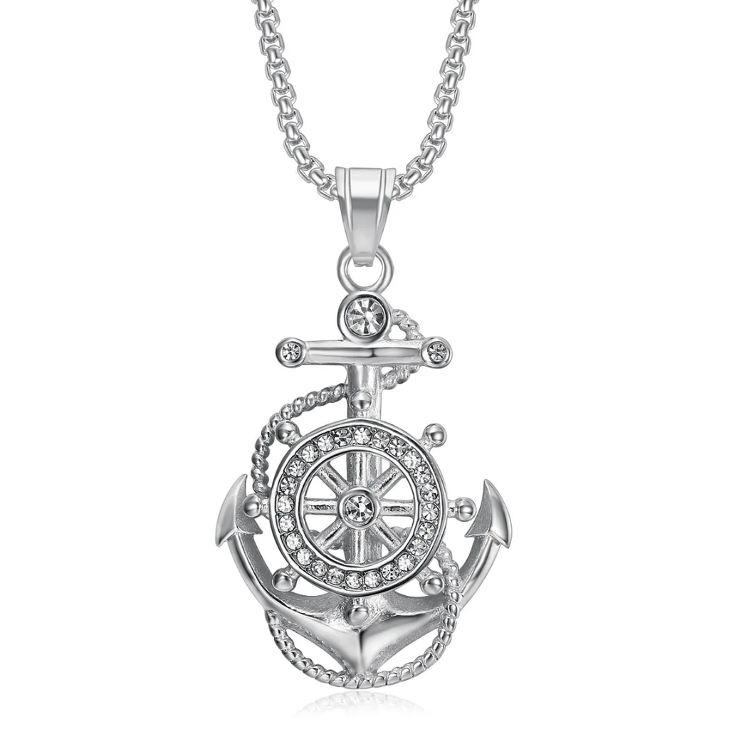 1106 Anchor Ship Wheel Rhinestone Pendant – Silver Stainless Steel