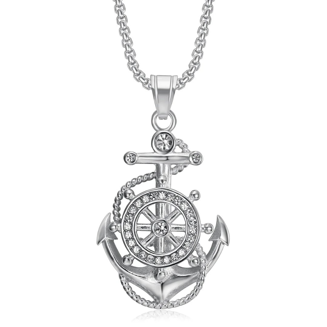 1106 Anchor Ship Wheel Rhinestone Pendant – Silver Stainless Steel