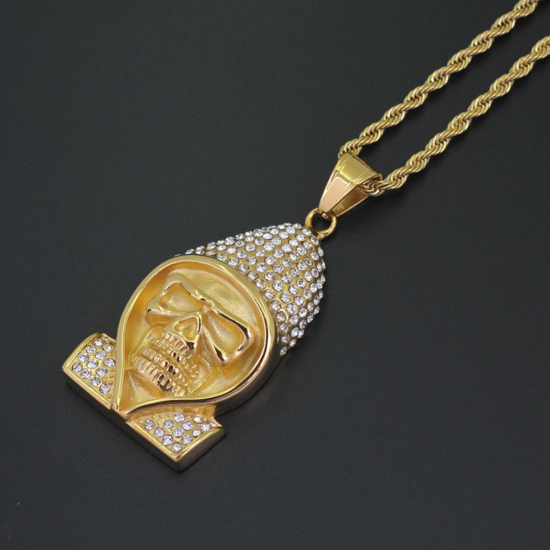 1024 HQ Iced Hooded Skull Rhinestone Pendant – 18K Gold Plated Stainless Steel