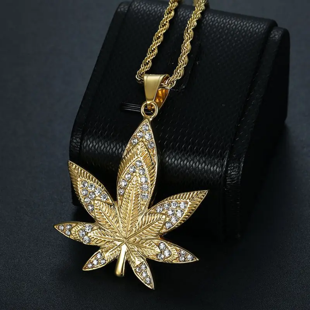 1080 Iced Leaf Rhinestone Pendant – Gold-Plated Stainless Steel