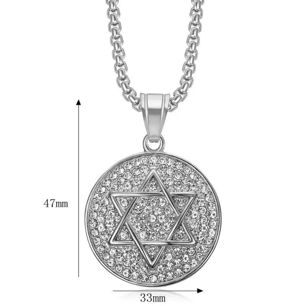 1070 Iced Star of David Rhinestone Pendant – Silver-Tone Stainless Steel