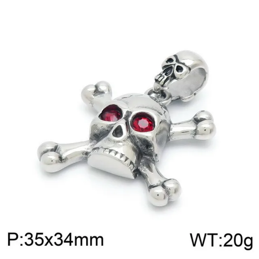 1079 Skull & Crossbones Rhinestone Pendant – Stainless Steel – Red Eyes
