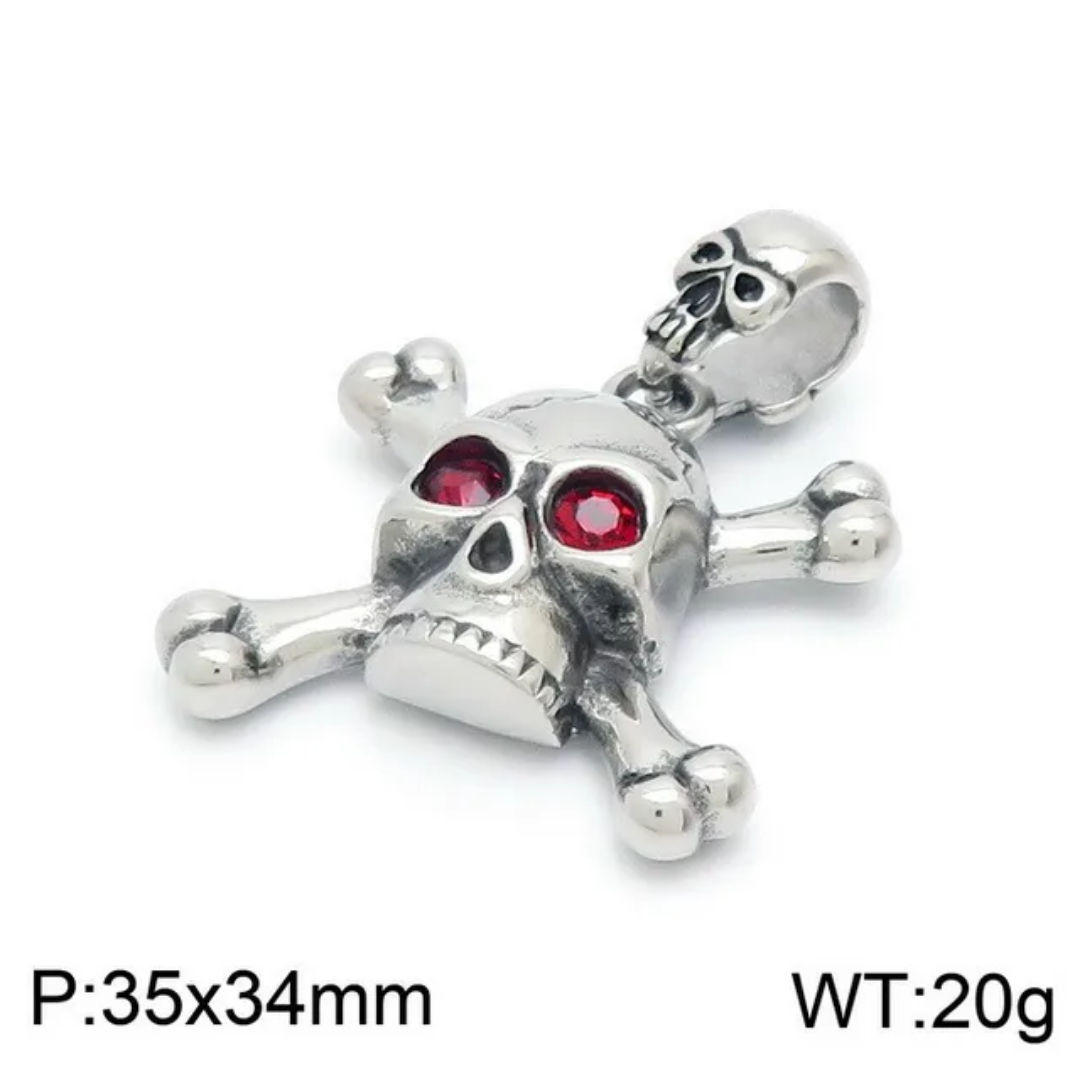 1079 Skull & Crossbones Rhinestone Pendant – Stainless Steel – Red Eyes