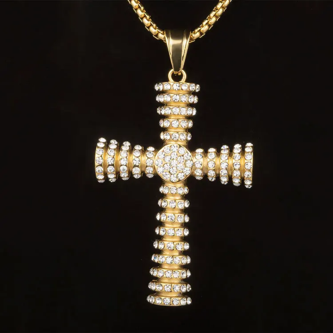 1087 Gold-Plated Stainless Steel Iced Cross Pendant with Rhinestones – Unisex