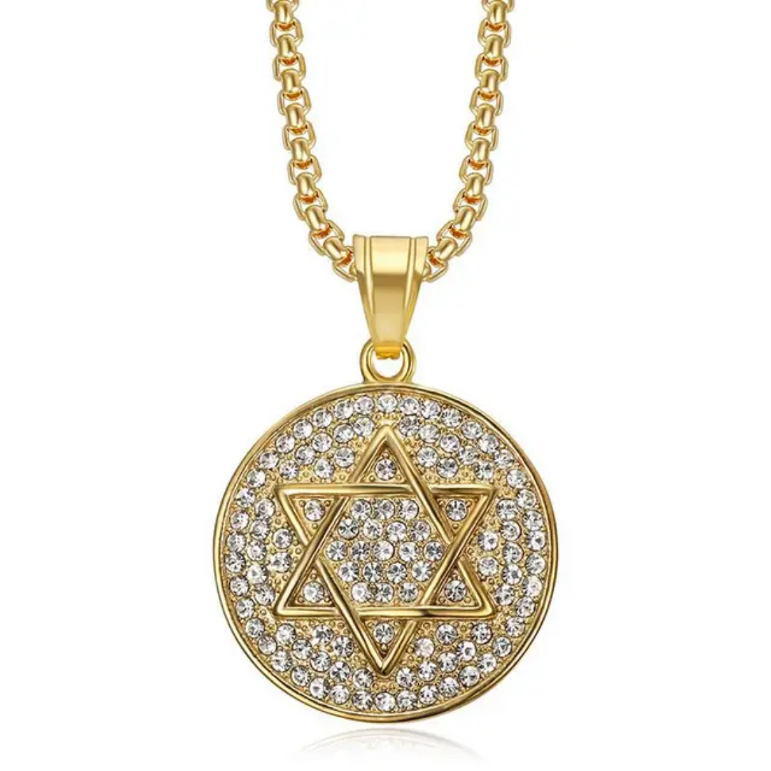 1071 Iced Star of David Rhinestone Pendant – Gold-Plated Stainless Steel