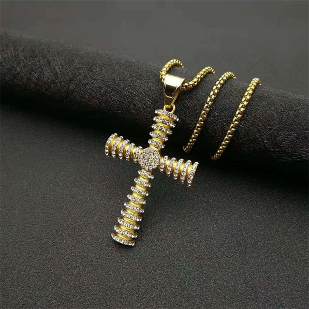 1087 Gold-Plated Stainless Steel Iced Cross Pendant with Rhinestones – Unisex