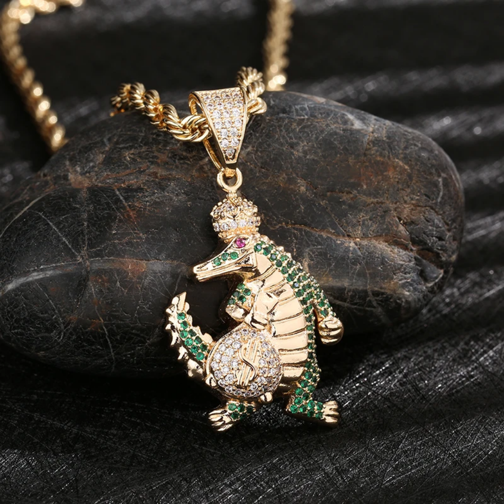 1145 |O| Brass Iced Out Crown Alligator Money Bag Pendant | Gold-Plated