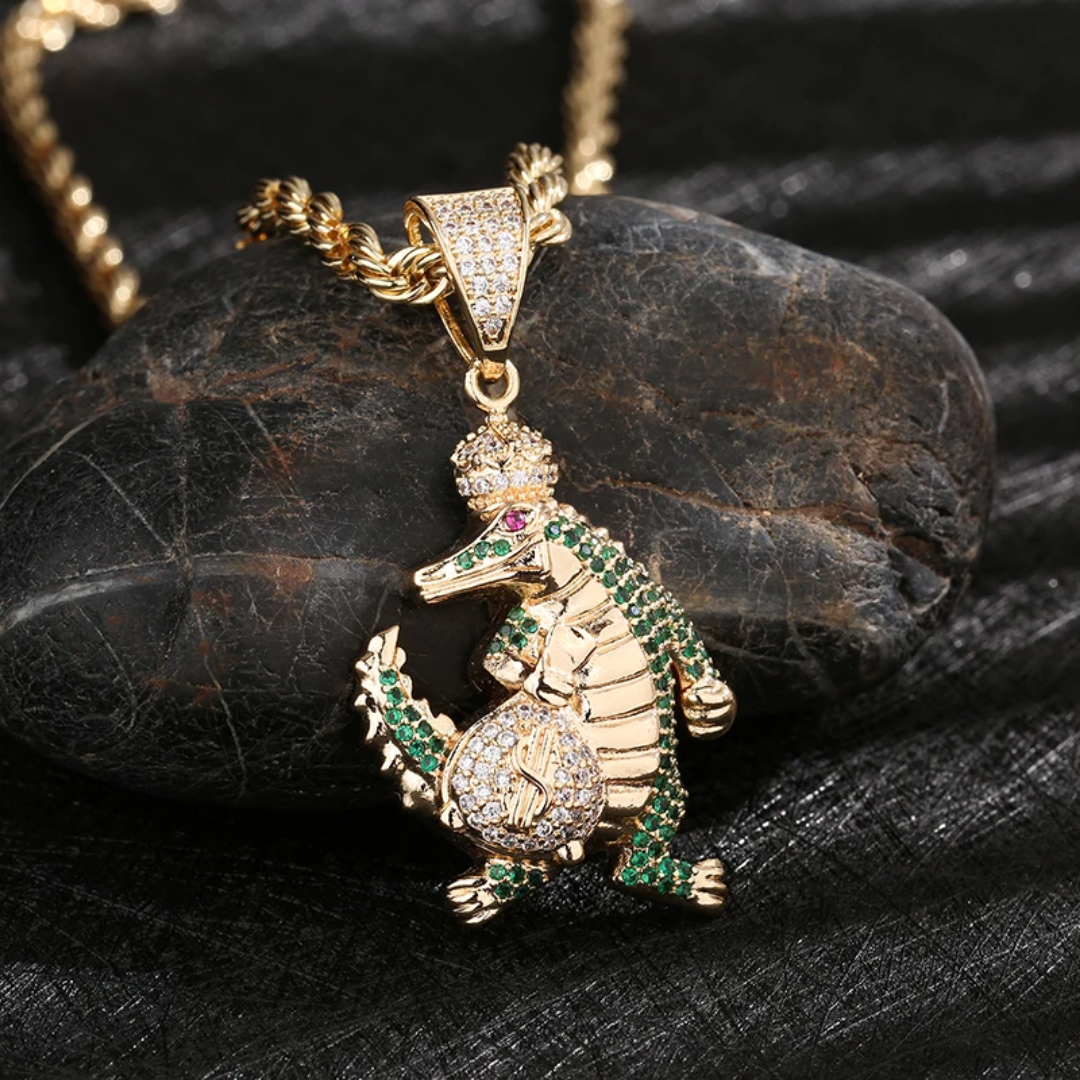 1145 |O| Brass Iced Out Crown Alligator Money Bag Pendant | Gold-Plated