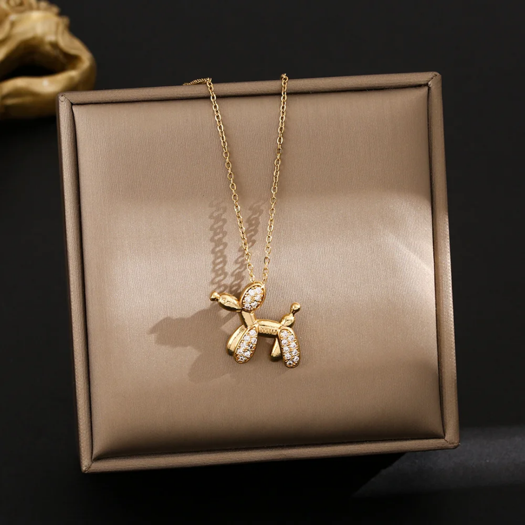1023 Iced Balloon Dog CZ Pendant – Gold Plated Copper w/ Chain
