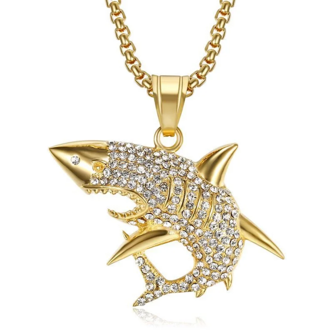 1103 Gold-Plated Stainless Steel Shark Pendant with Rhinestones – Unisex