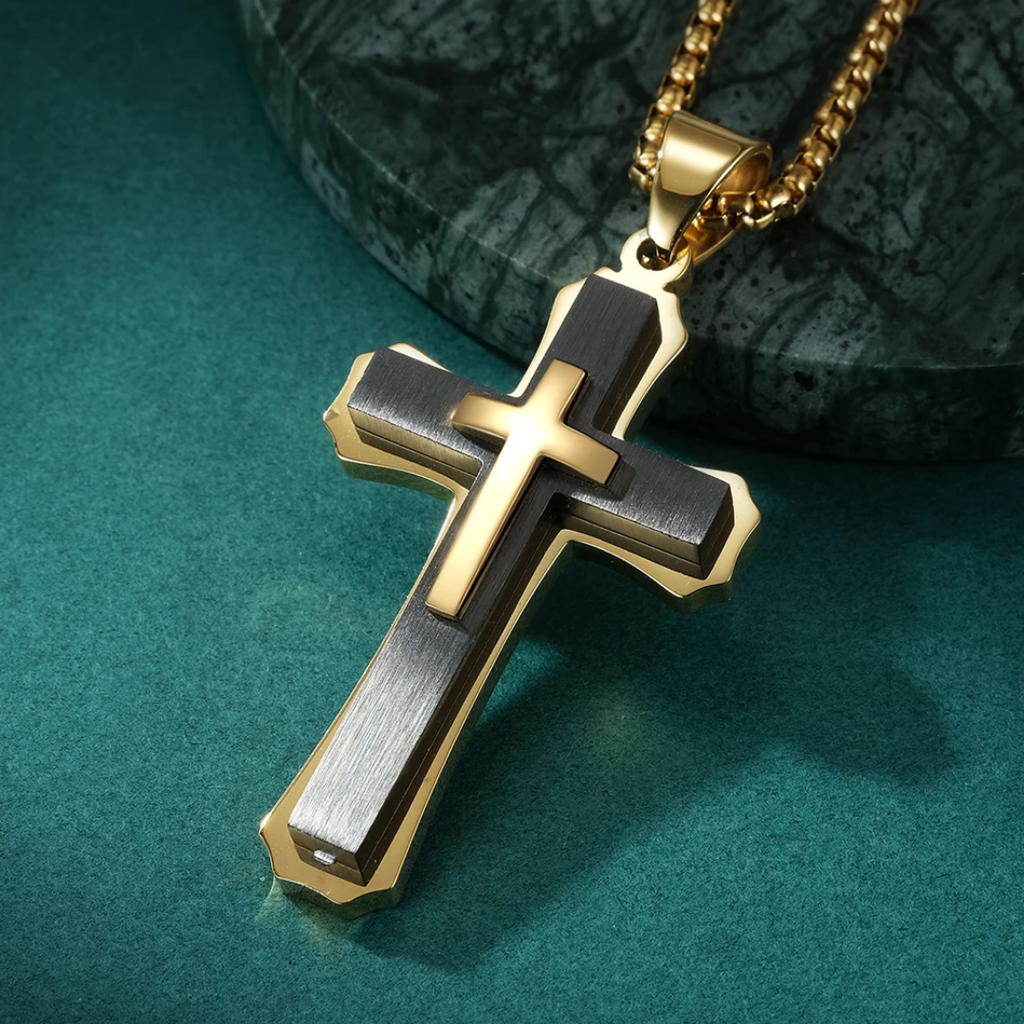 1116 Gold-Plated & Black Stainless Steel Three-Layer Cross Pendant