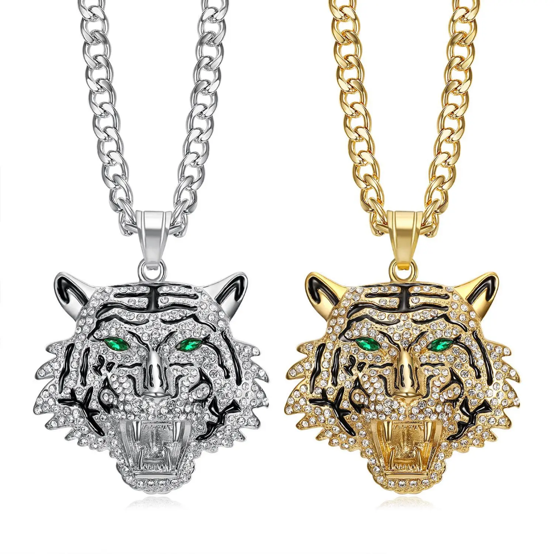 1074 Tiger Head Rhinestone Pendant – Gold-Plated Stainless Steel – Green Eyes