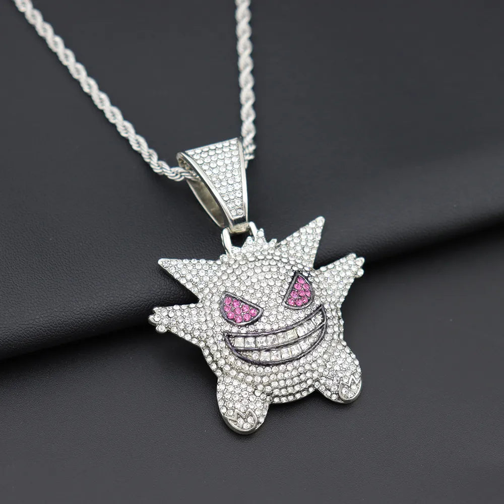 1092 Iced Grinning Monster Pendant – Silver-Tone Alloy, Rhinestones