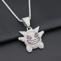 1092 Iced Grinning Monster Pendant – Silver-Tone Alloy, Rhinestones