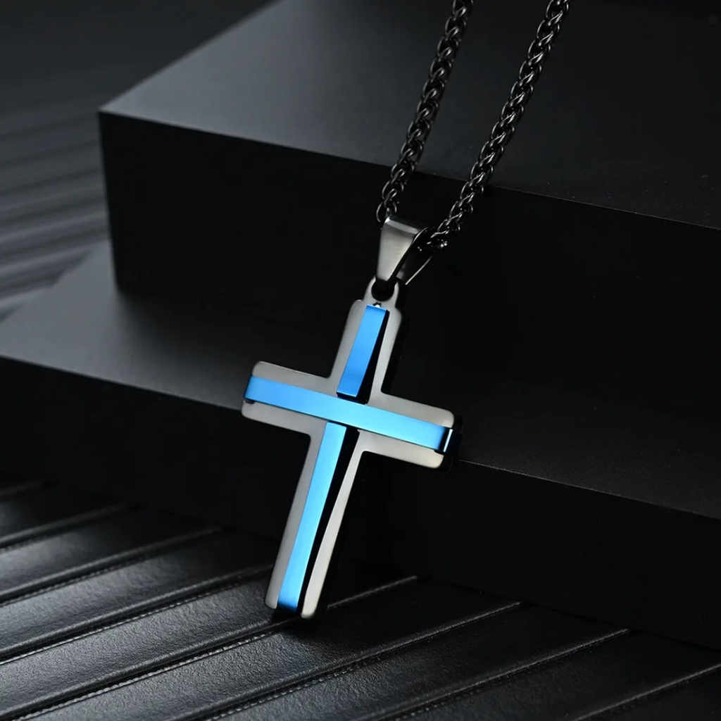 1077 Double-Layer Cross Pendant – Black & Blue Stainless Steel