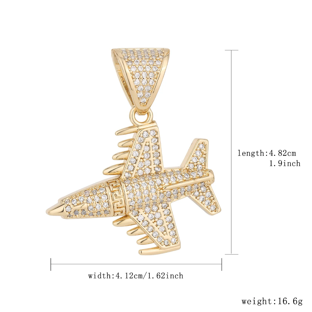 1139 |O| Brass Iced Out Clear CZ Fighter Jet Airplane Pendant | Gold-Plated