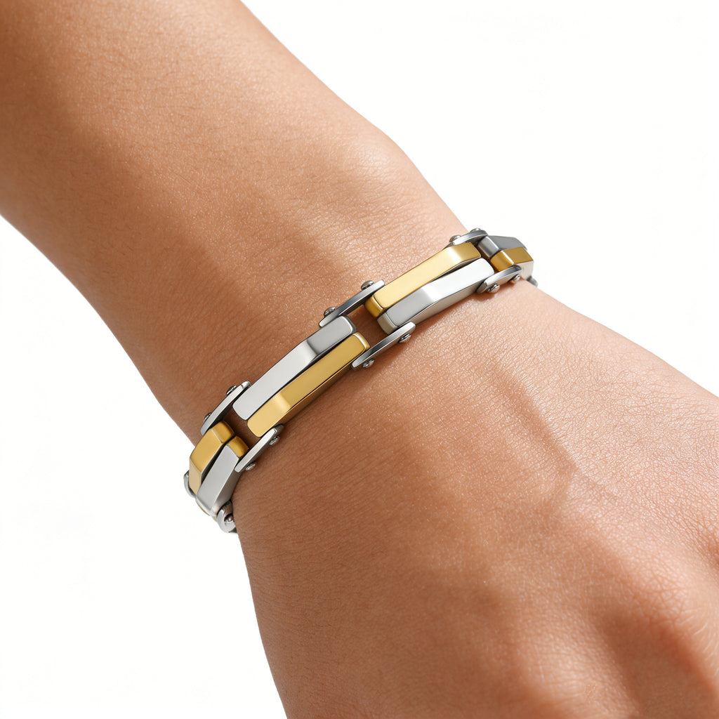 2003 |M| Multi-Row Two-tone Stainless Steel Geometric Bracelet
