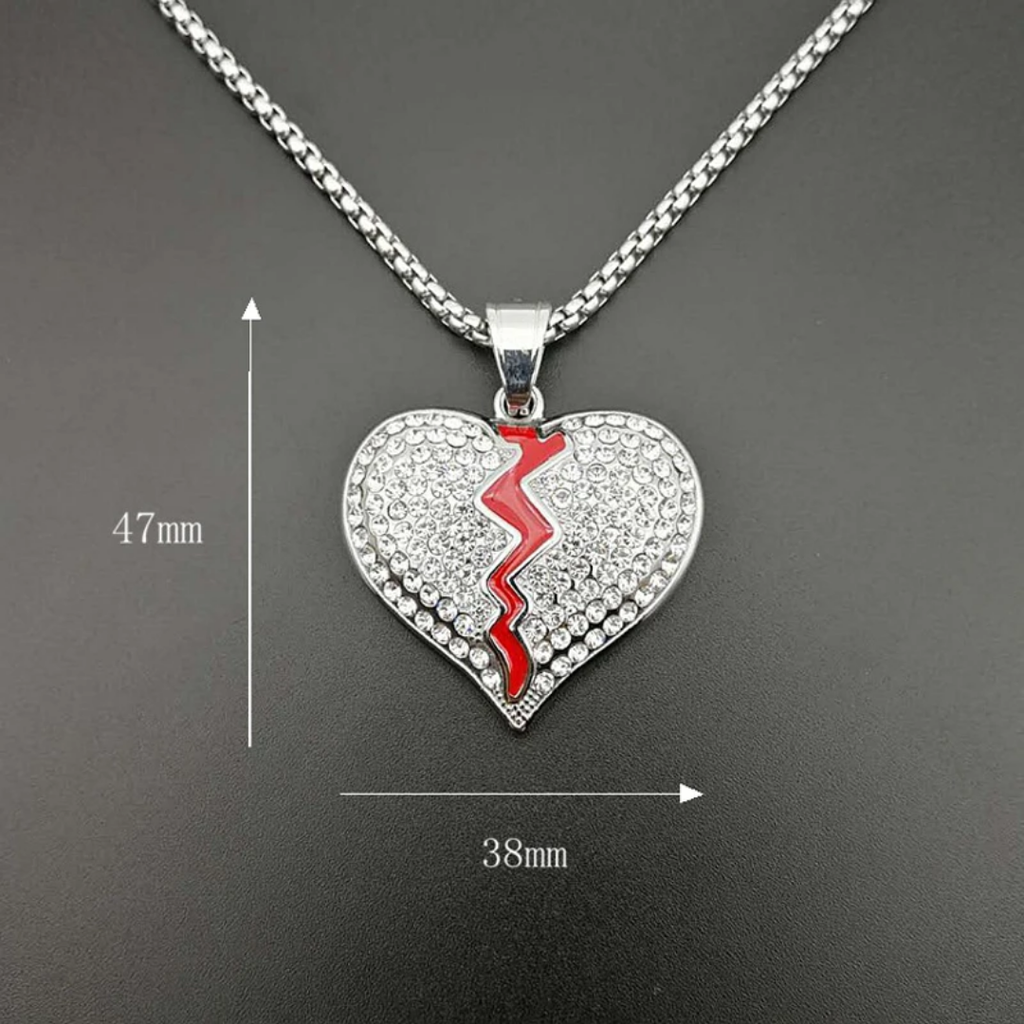1038 HQ Iced Broken Heart Rhinestone Pendant – Silver-Plated Stainless Steel