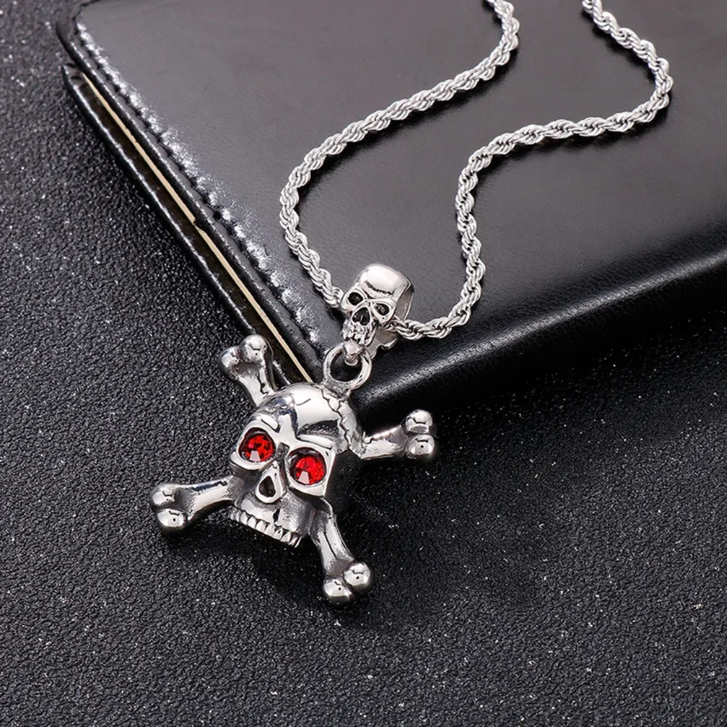 1079 Skull & Crossbones Rhinestone Pendant – Stainless Steel – Red Eyes