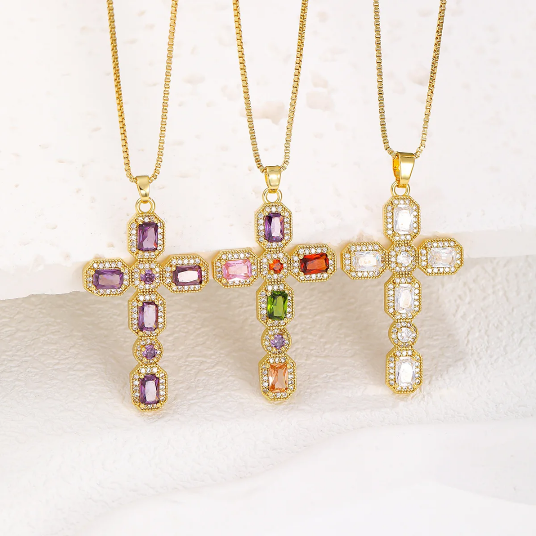 1120 18K Gold-Plated Brass Cross Pendant with Clear CZ