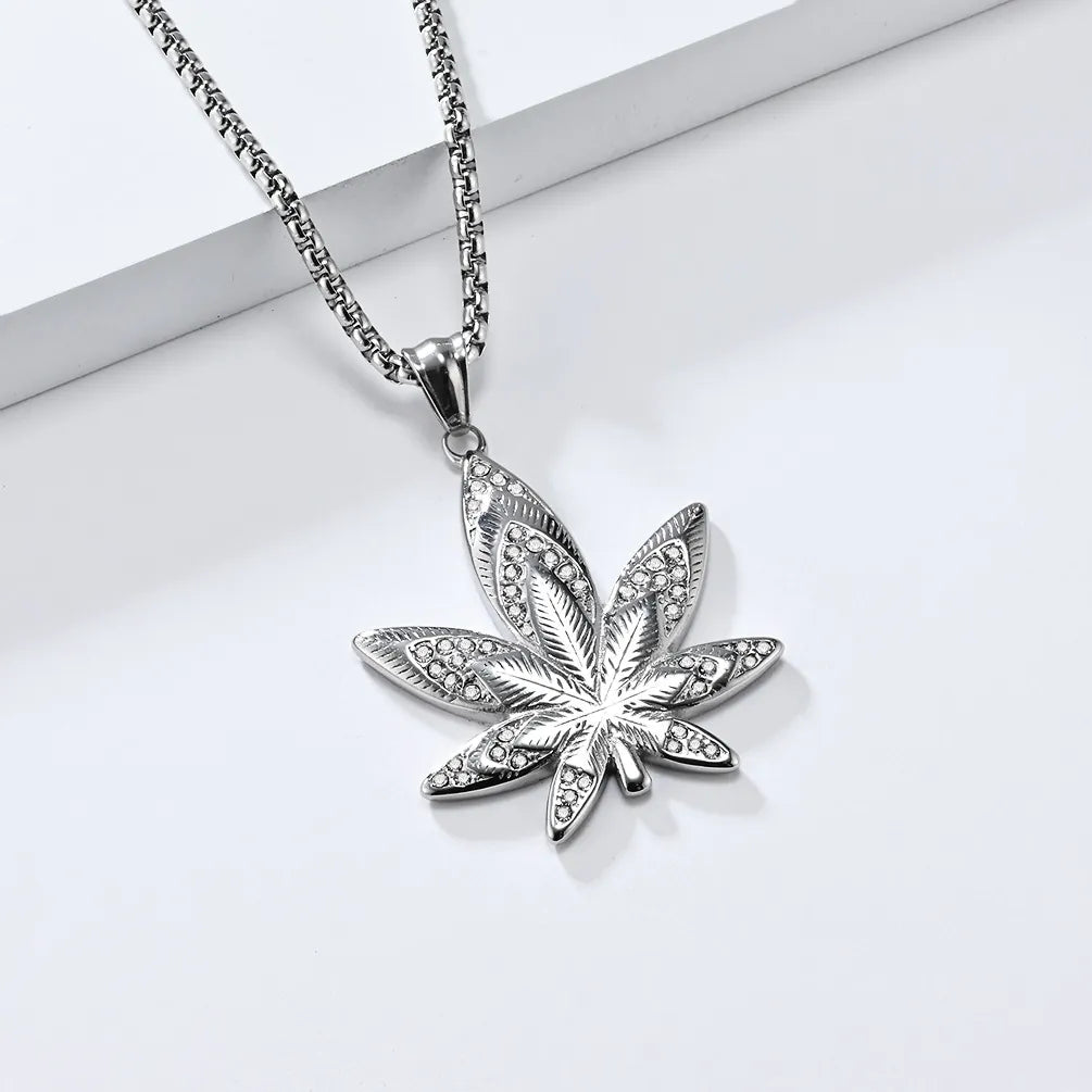 1129 Silver Stainless Steel Iced Out Maple Leaf Pendant