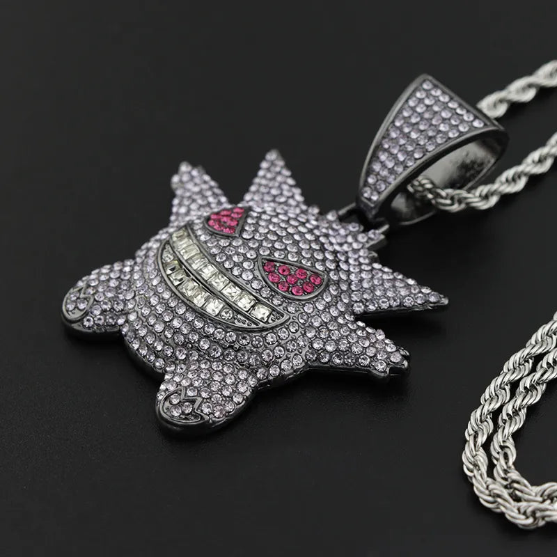 1093 Iced Grinning Monster Pendant – Purple Alloy, Rhinestones