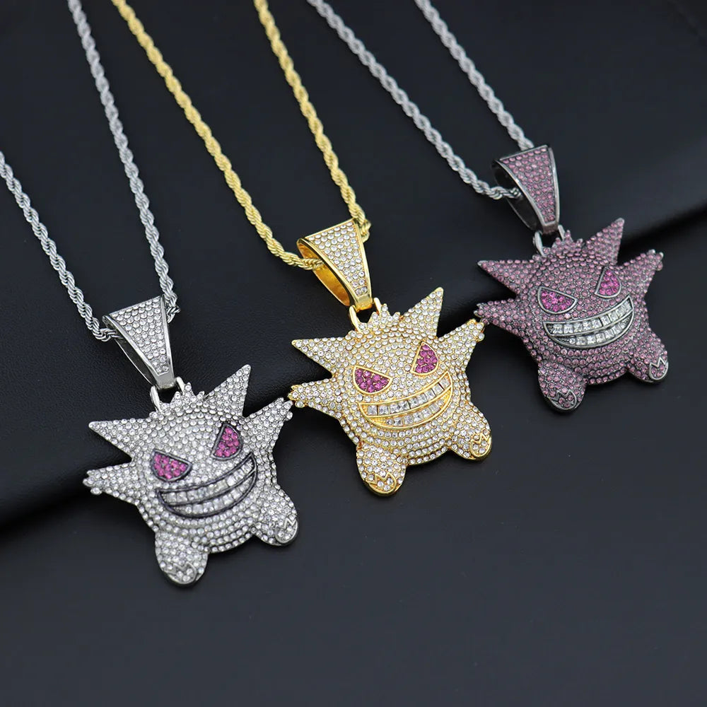 1092 Iced Grinning Monster Pendant – Silver-Tone Alloy, Rhinestones