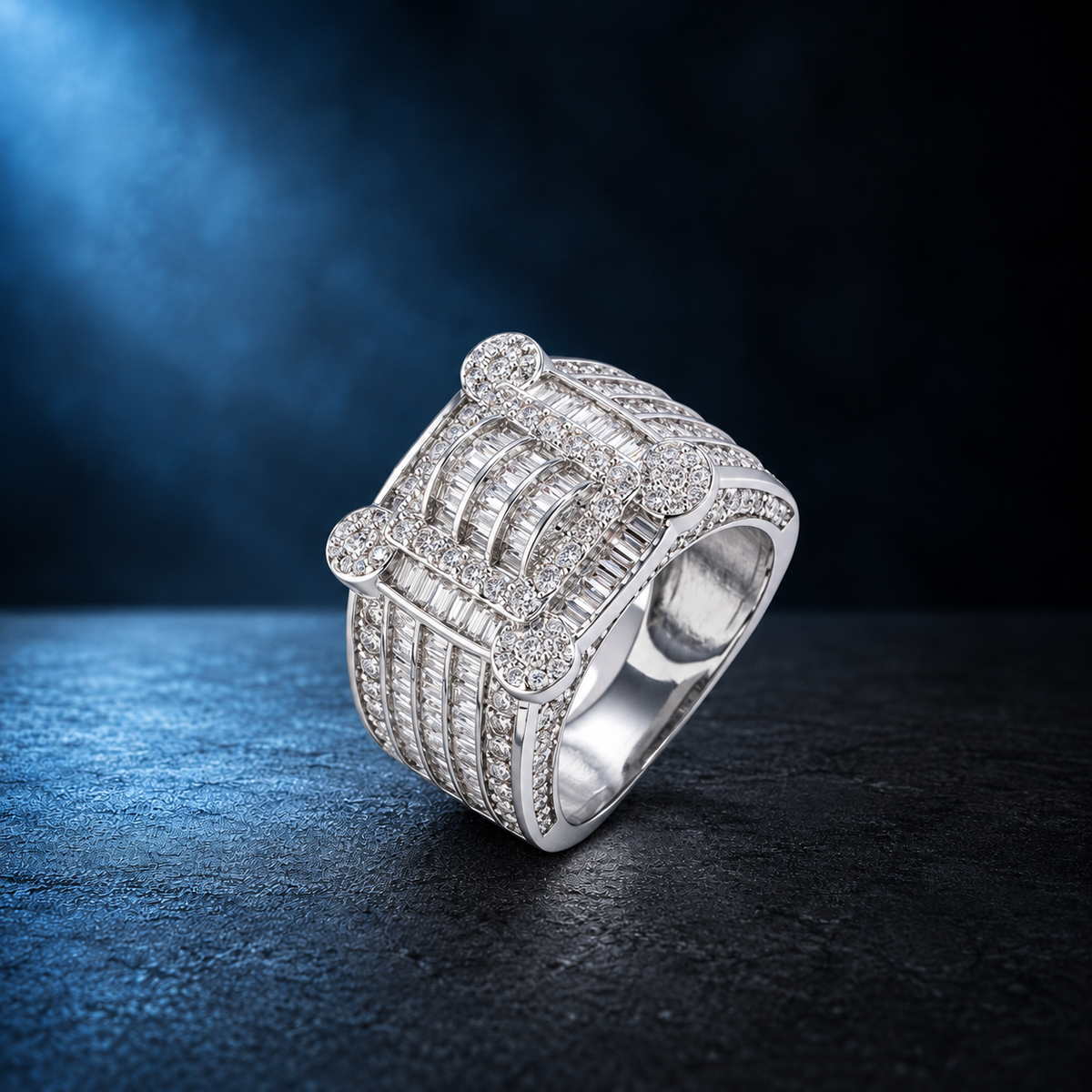 9022 |J| Silver-Plated Brass Iced Out CZ Baguette Square Ring