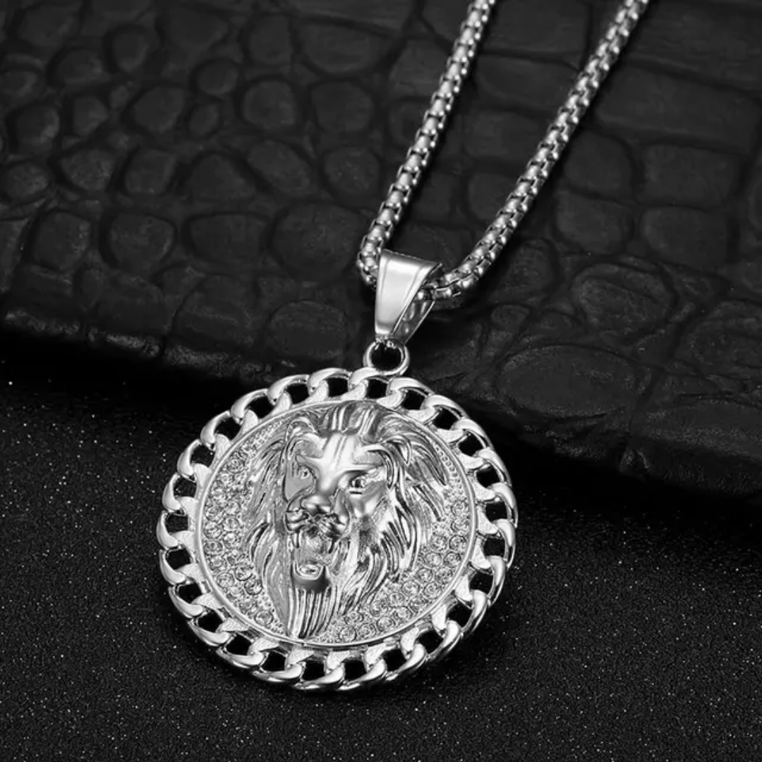 1066 Lion Head Rhinestone Pendant – Silver-Tone Stainless Steel