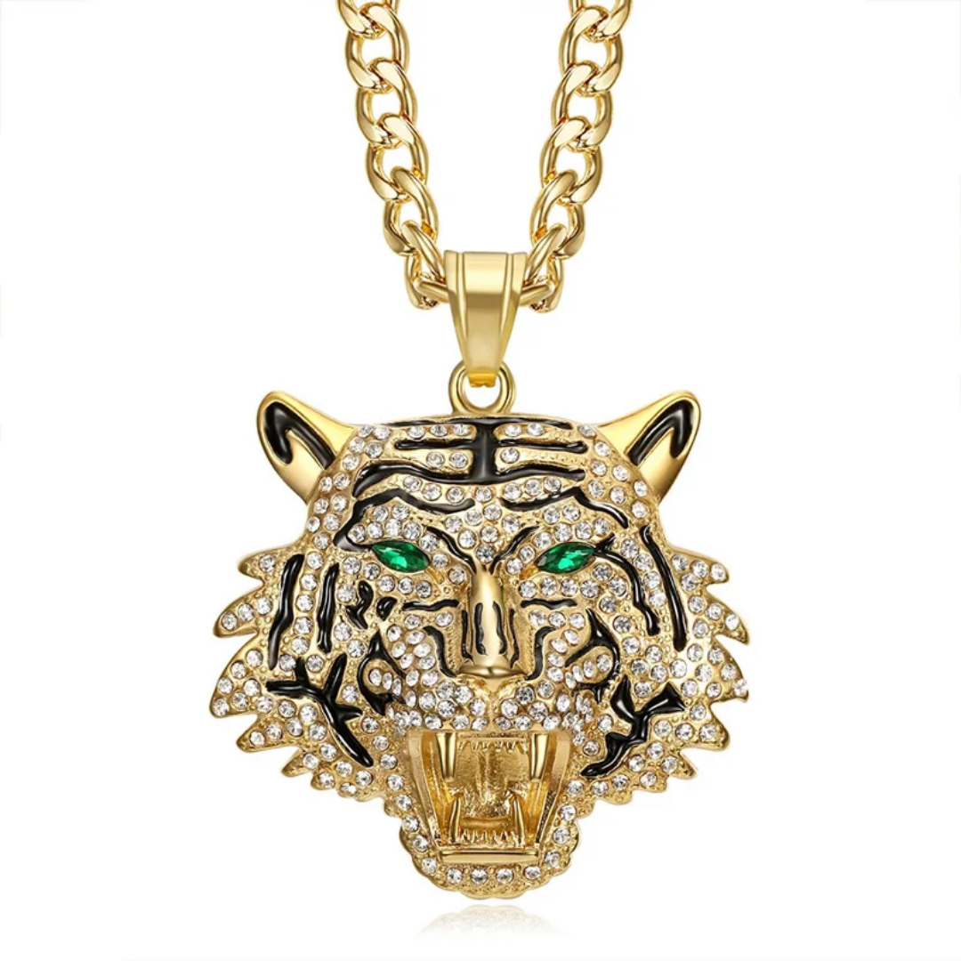 1074 Tiger Head Rhinestone Pendant – Gold-Plated Stainless Steel – Green Eyes
