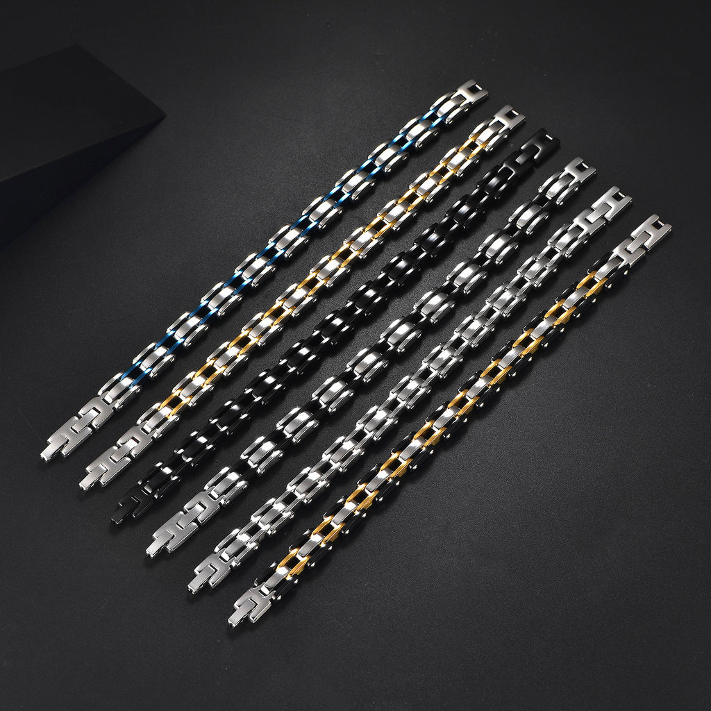 2010 |M| 316 Stainless Steel Three-Tone Geometric Link Bracelet | 8.5 in