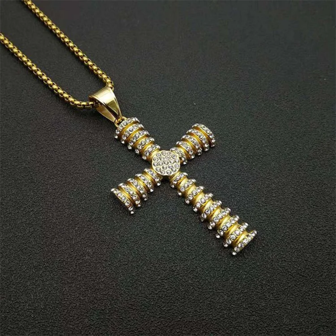 1087 Gold-Plated Stainless Steel Iced Cross Pendant with Rhinestones – Unisex