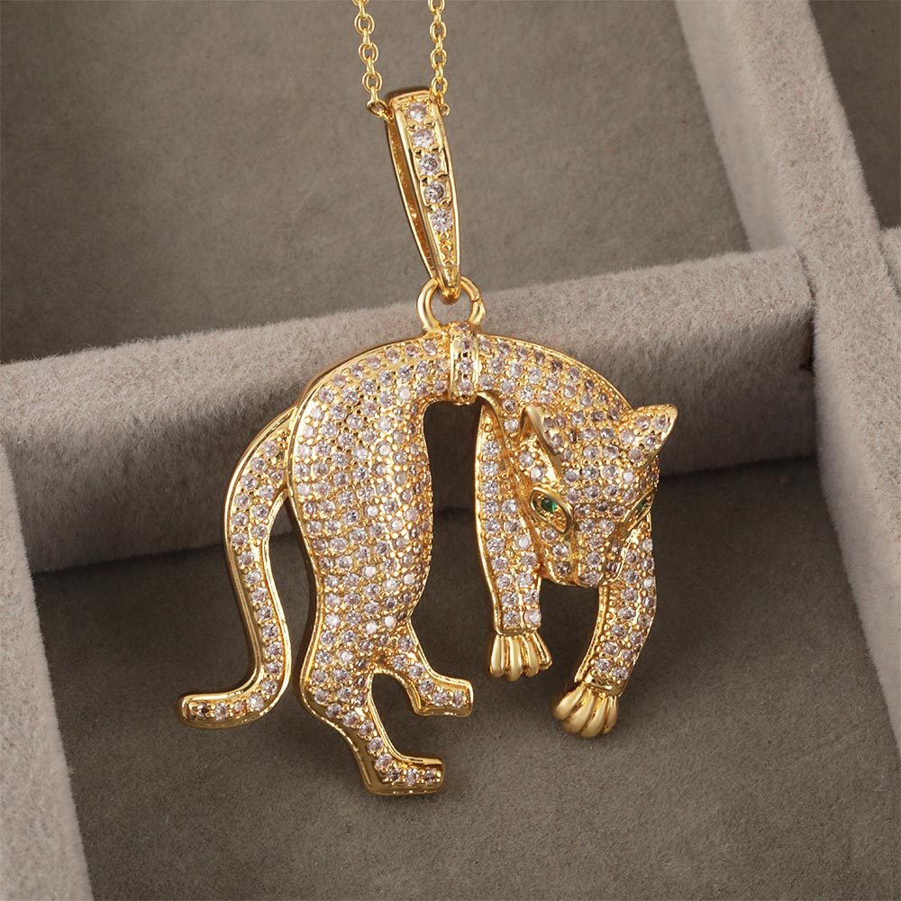 1098 Gold-Plated Leopard CZ Pendant – Brass, Unisex