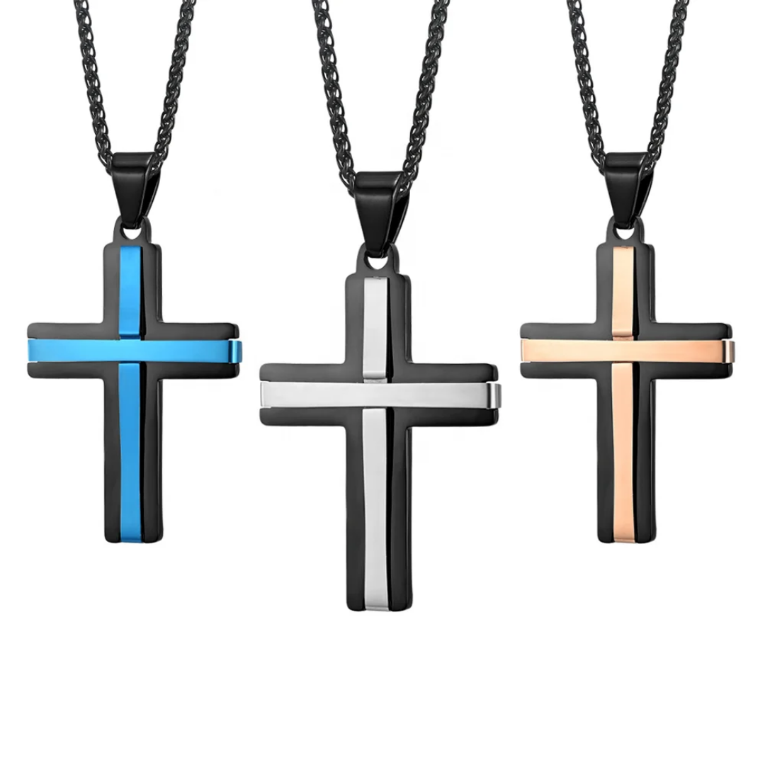 1077 Double-Layer Cross Pendant – Black & Blue Stainless Steel
