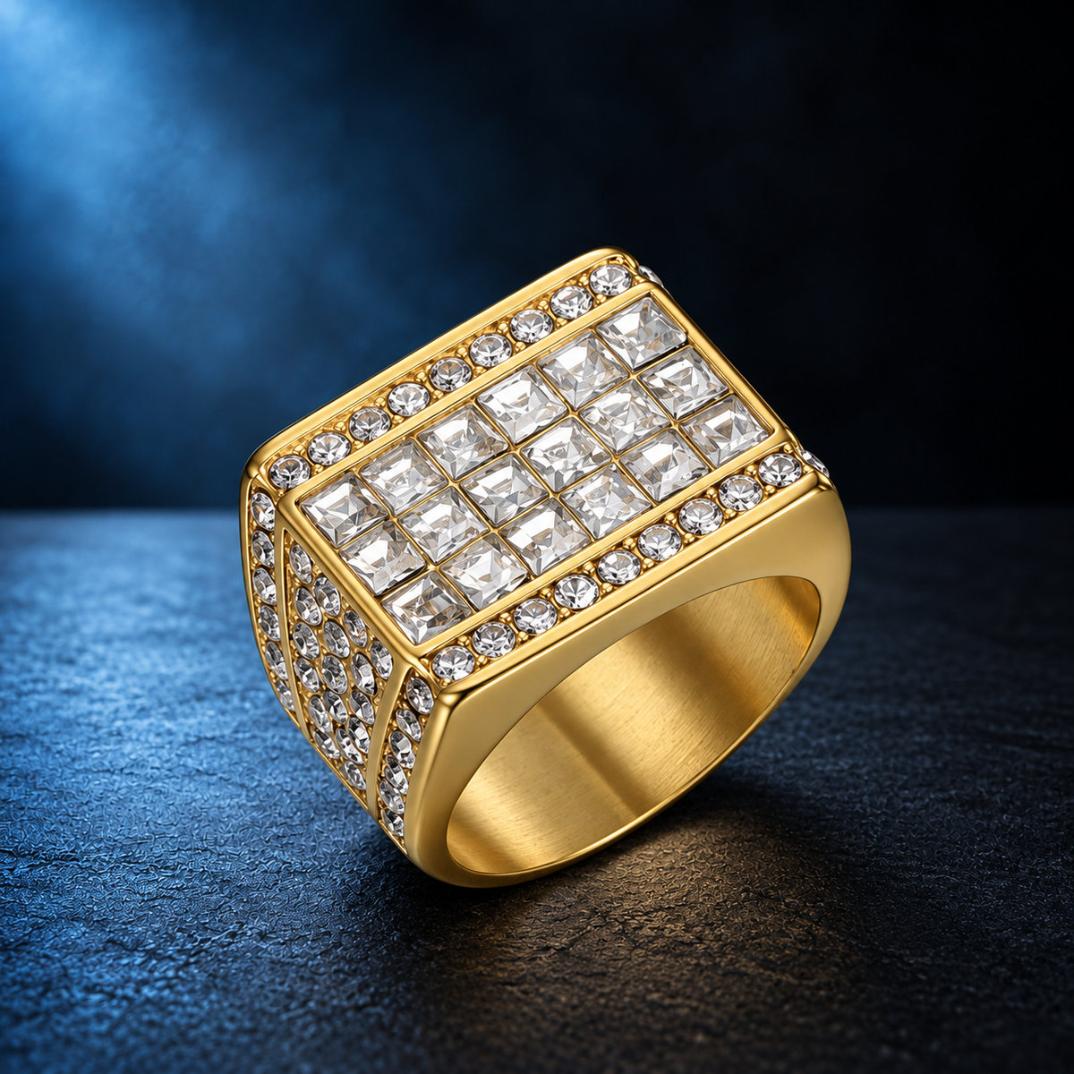 9013 |J| Gold-Plated Stainless Steel Iced Square Signet Ring