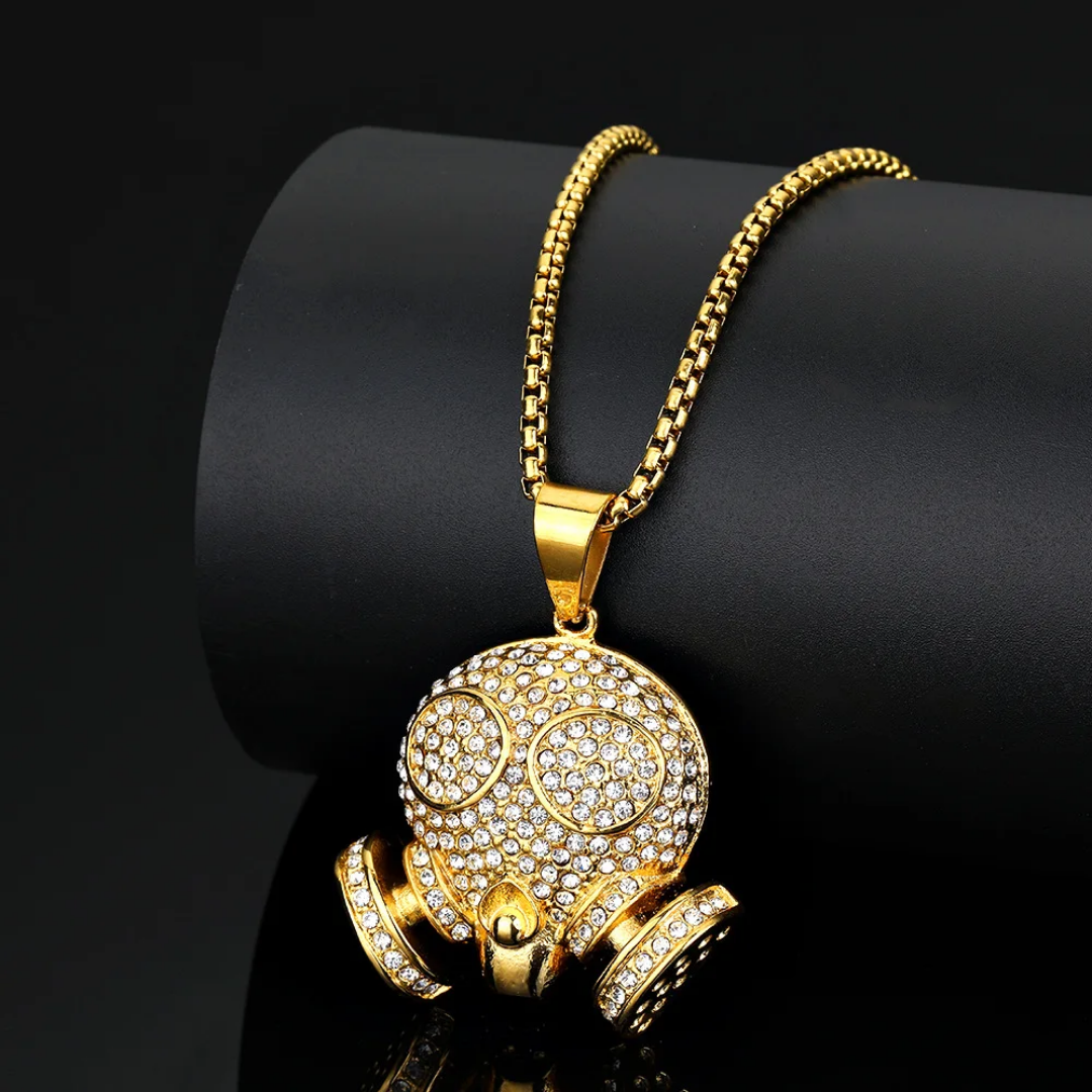 1111 Gold-Plated Stainless Steel Iced Gas Mask Skull Pendant