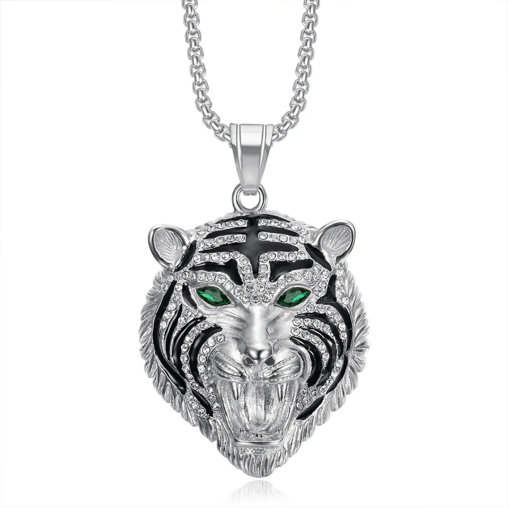 1067 Rhinestone Tiger Head Pendant – Silver-Tone Stainless Steel