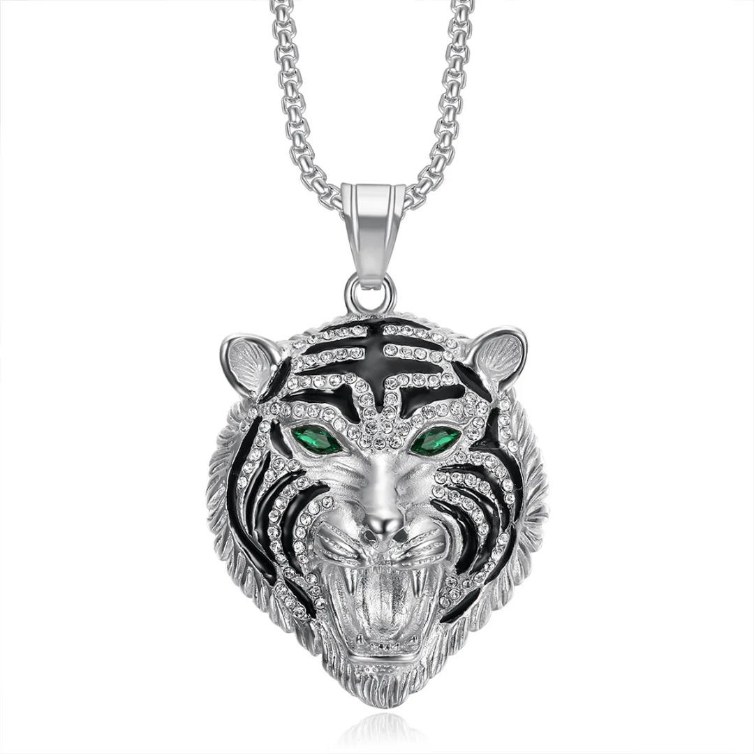 1067 Rhinestone Tiger Head Pendant – Silver-Tone Stainless Steel