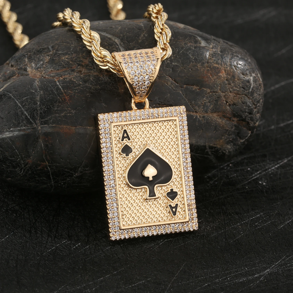 1140 |O| Brass Iced Out Ace of Spades Card Pendant | Gold-Plated