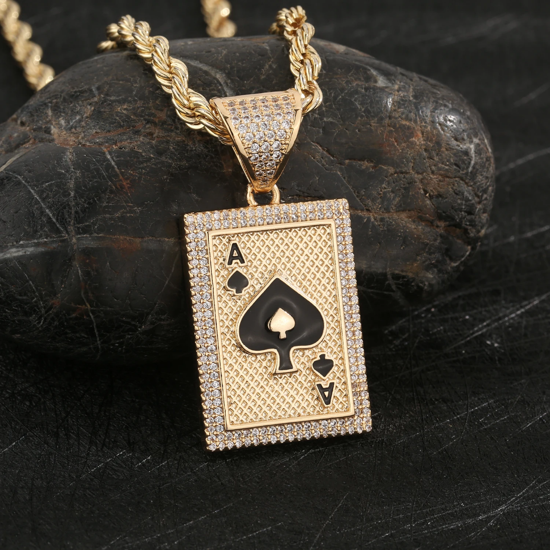 1140 |O| Brass Iced Out Ace of Spades Card Pendant | Gold-Plated