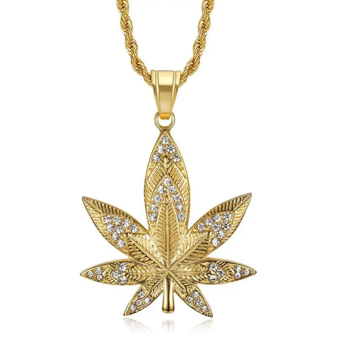 1080 Iced Leaf Rhinestone Pendant – Gold-Plated Stainless Steel