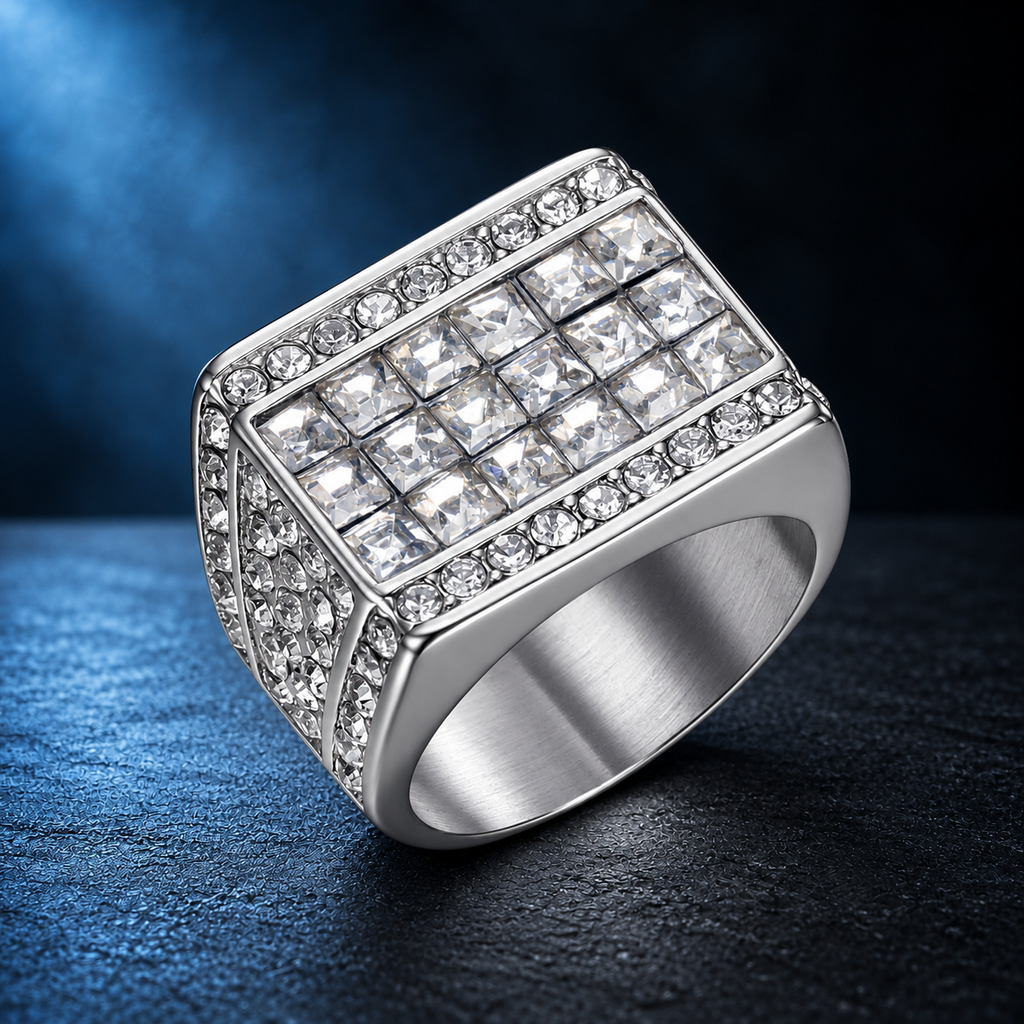 9014 |J| Silver-Plated Stainless Steel Iced Square Signet Ring